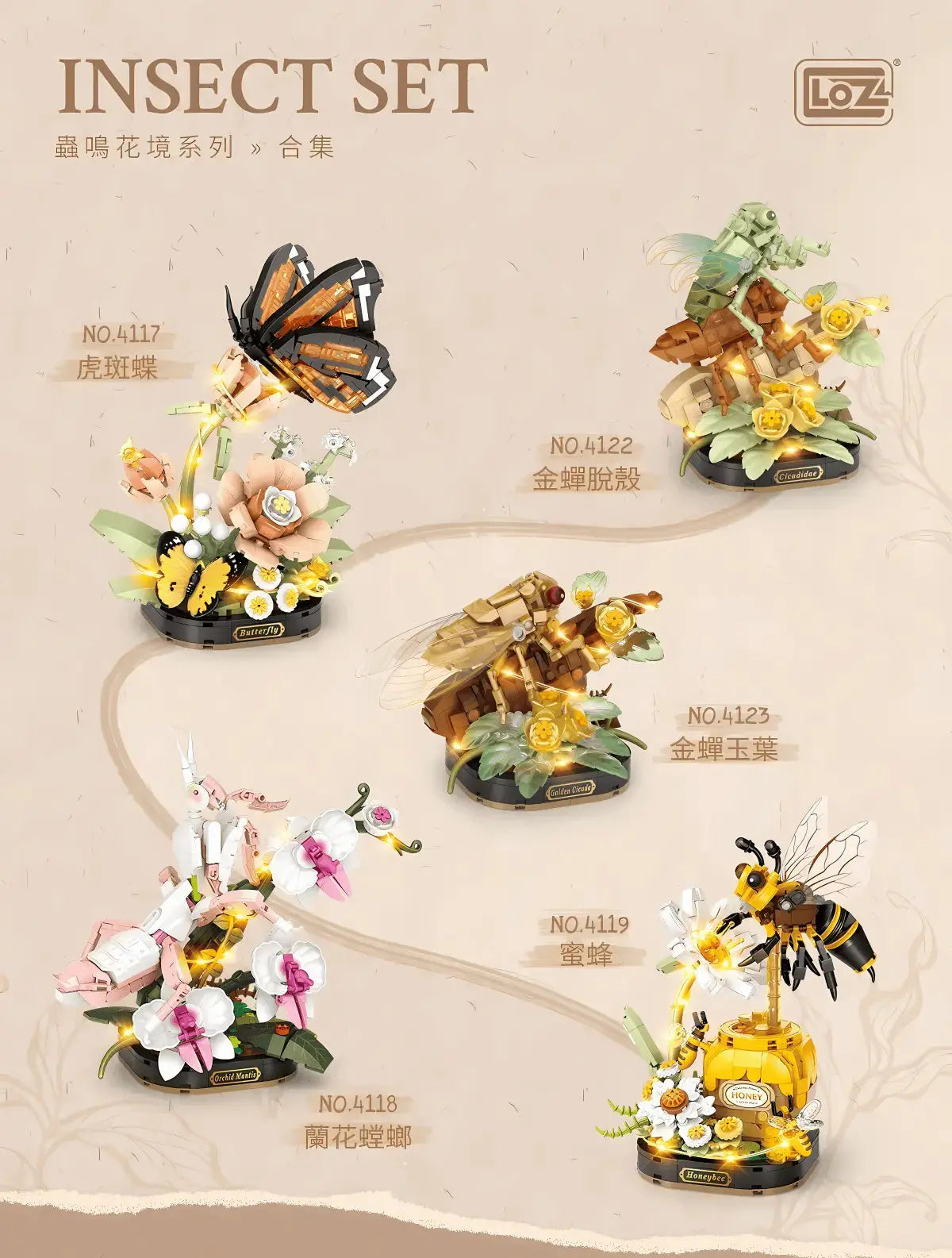 LOZ 金蟬脫殼迷你積木擺設|Golden Cicada Mini Block Display|Goldzikade Mini-Baustein-Deko|LOZ 蟲鳴花境系列 | Insect Garden Series | LED Light Nature Brick Sculpture