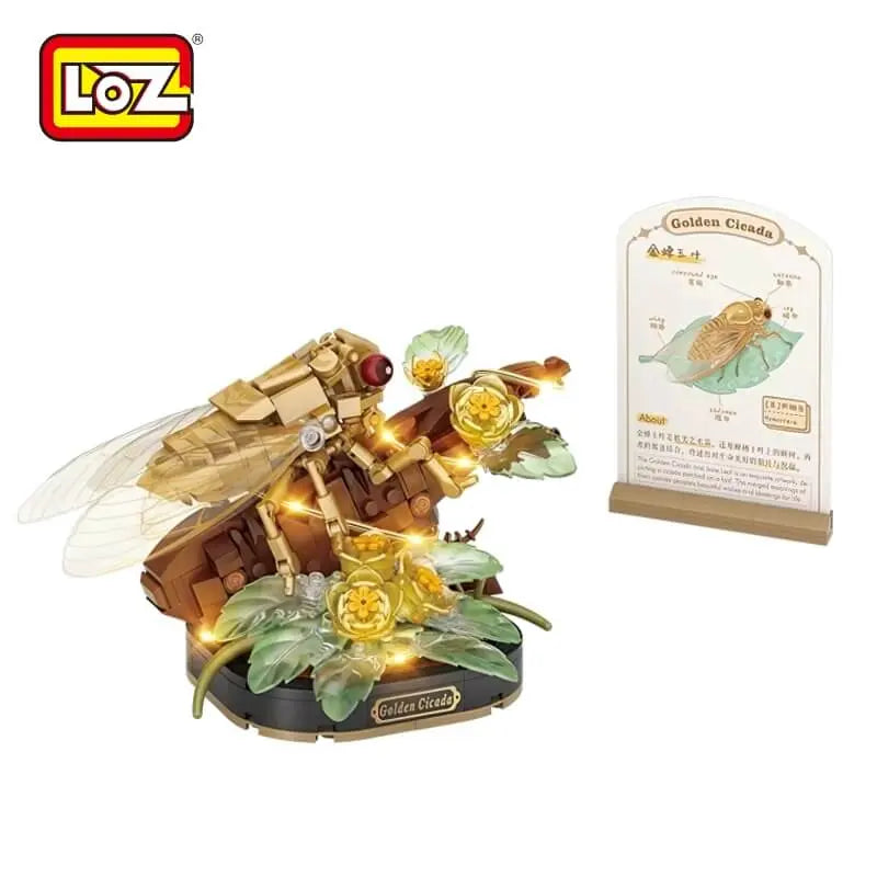 LOZ 金蟬玉葉迷你積木擺設｜Golden Cicada & Jade Leaf Mini Block Display｜Goldzikade & Jadeblatt Mini-Baustein-Deko｜LOZ 蟲鳴花境系列 | Insect Garden Series | LED Light Nature Brick Display