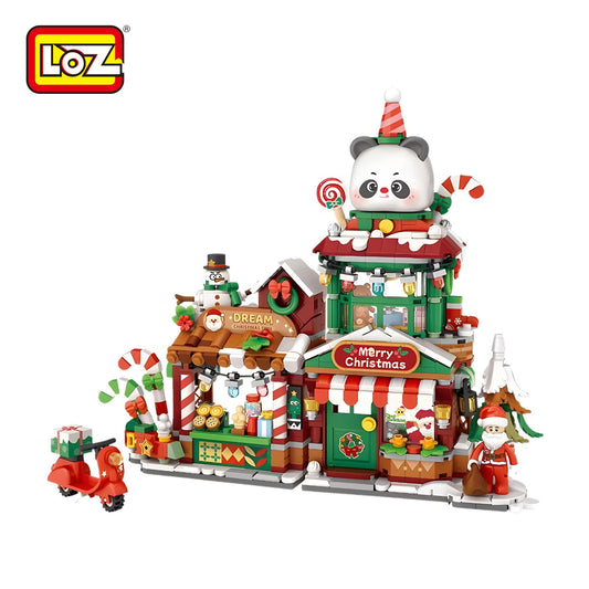LOZ 熊貓聖誕商店 迷你積木 聖誕限定版｜Panda Christmas Shop Mini Block Set｜Panda-Weihnachtsladen Bausteinmodell｜可開合聖誕商店積木 | Christmas Gift Building Toy | Holiday Display Set