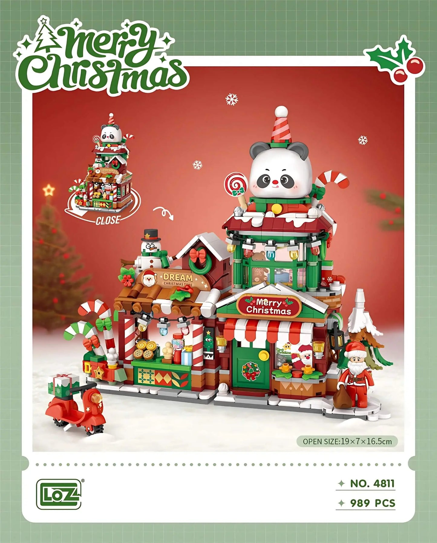 LOZ 熊貓聖誕商店 迷你積木 聖誕限定版｜Panda Christmas Shop Mini Block Set｜Panda-Weihnachtsladen Bausteinmodell｜可開合聖誕商店積木 | Christmas Gift Building Toy | Holiday Display Set