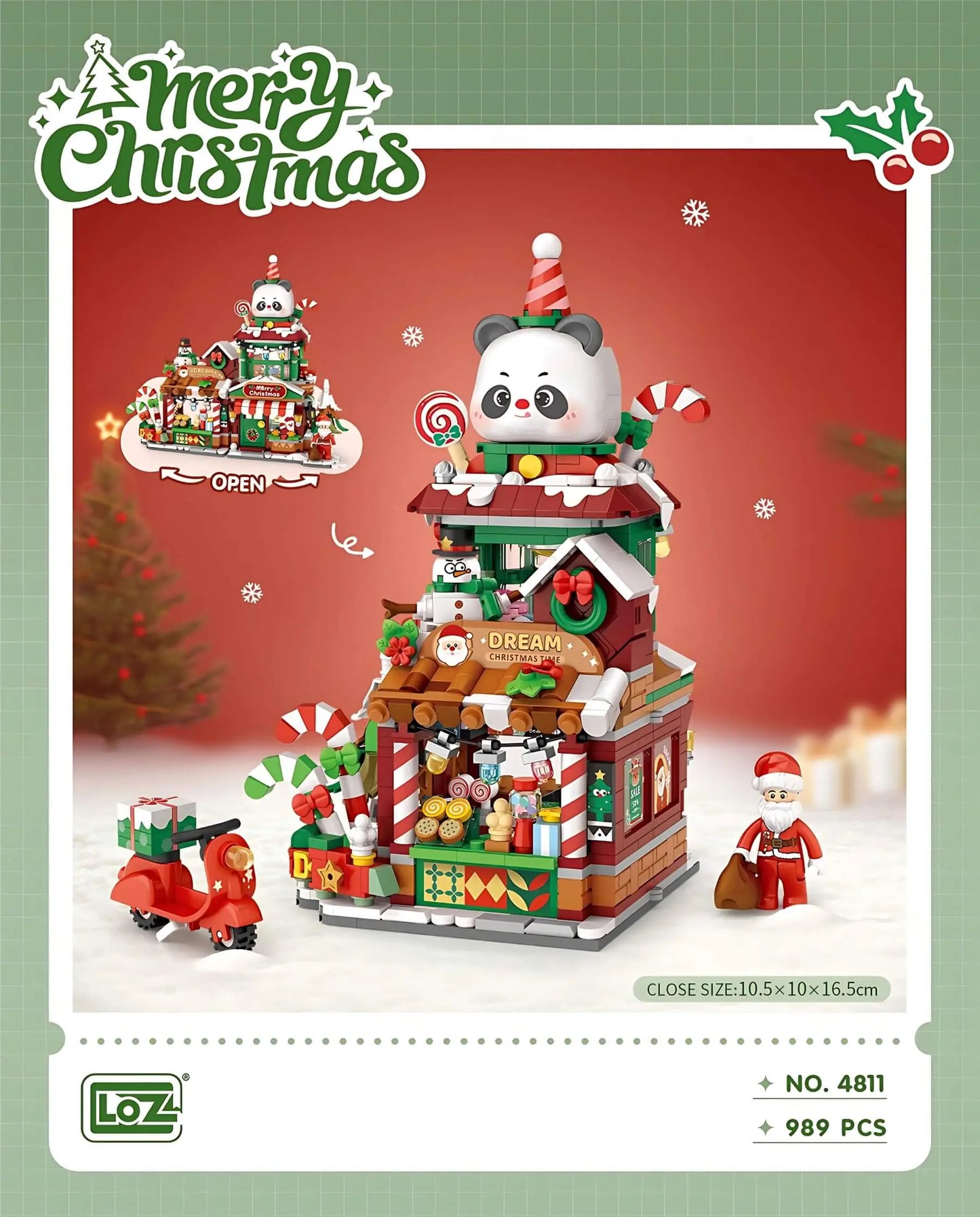 LOZ 熊貓聖誕商店 迷你積木 聖誕限定版｜Panda Christmas Shop Mini Block Set｜Panda-Weihnachtsladen Bausteinmodell｜可開合聖誕商店積木 | Christmas Gift Building Toy | Holiday Display Set