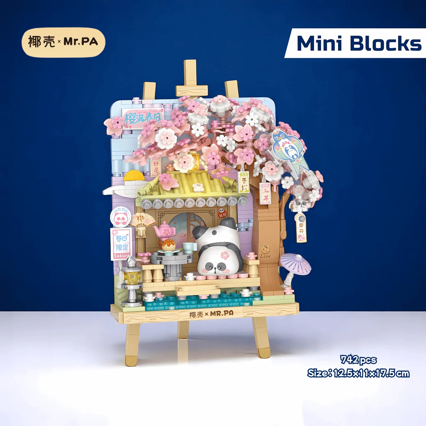 椰殼 × Mr. PA 櫻花春日 立體畫 迷你積木 亮燈版｜Sakura Spring Day 3D Mini Building Block｜Kirschblüten-Frühlingstag Mini-Baustein｜Four Beautiful Seasons Series | Panda and Cherry Blossoms