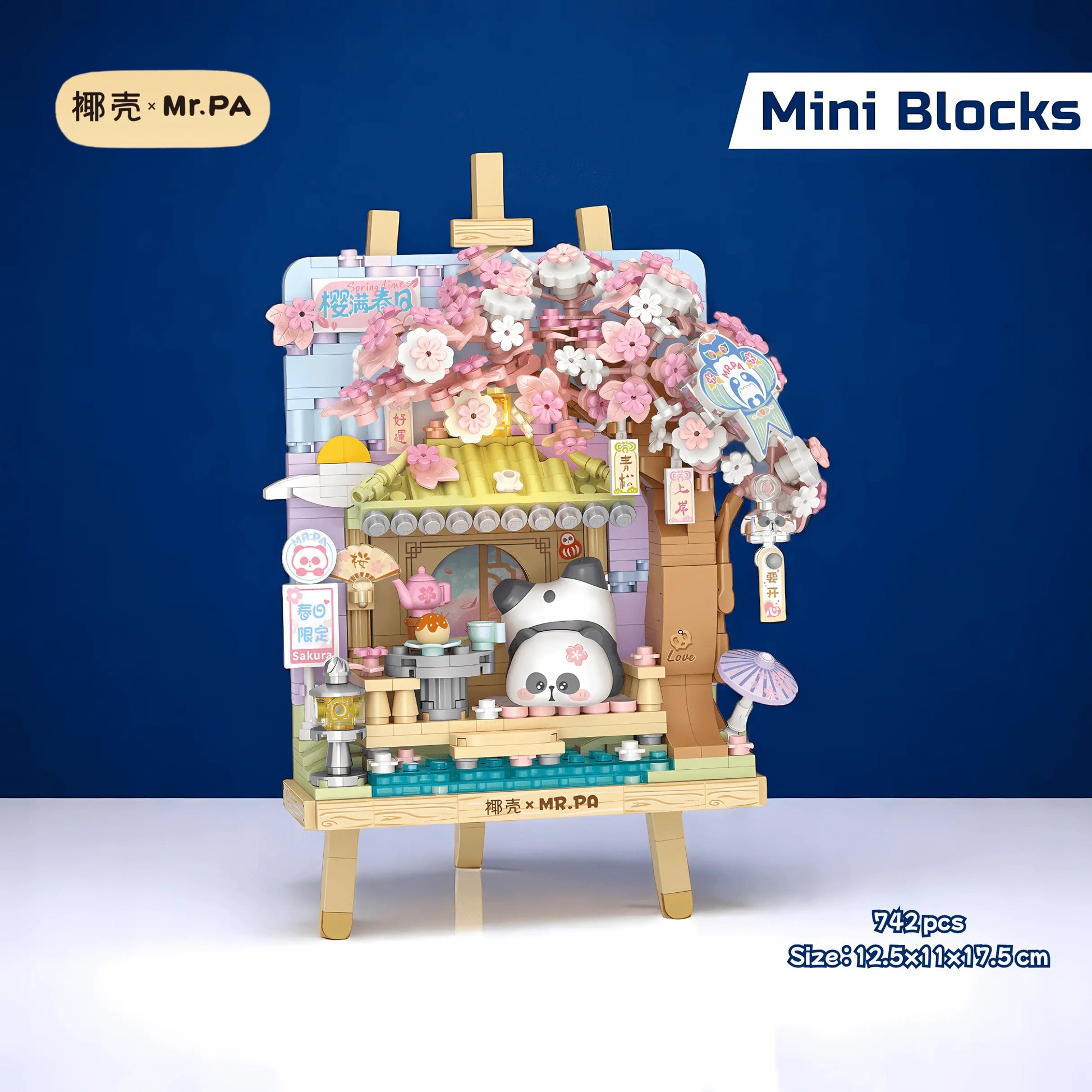 椰殼 × Mr. PA 櫻花春日 立體畫 迷你積木 亮燈版｜Sakura Spring Day 3D Mini Building Block｜Kirschblüten-Frühlingstag Mini-Baustein｜Four Beautiful Seasons Series | Panda and Cherry Blossoms