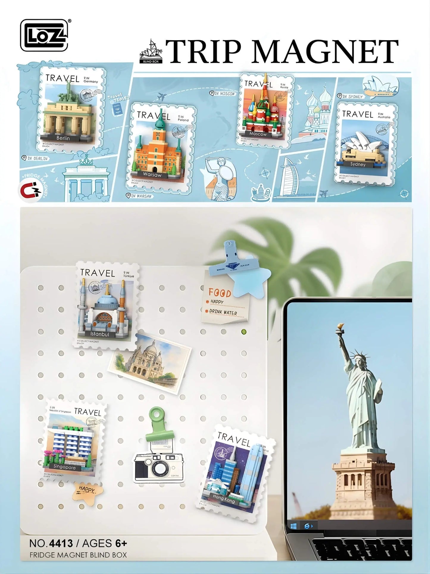 旅行印象明信片冰箱貼 盲盒 整套12款 微鑽積木 4413 世界地標展示｜Travel postcard fridge magnet blind box full set of 12 micro diamond blocks 4413 world landmarks｜Reise-Postkarten Kühlschrankmagnet Blindbox Komplettset 12 Designs Micro-Diamond-Bausteine 4413