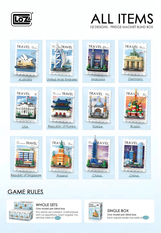 旅行印象明信片冰箱貼 盲盒 整套12款 微鑽積木 4413 世界地標展示｜Travel postcard fridge magnet blind box full set of 12 micro diamond blocks 4413 world landmarks｜Reise-Postkarten Kühlschrankmagnet Blindbox Komplettset 12 Designs Micro-Diamond-Bausteine 4413